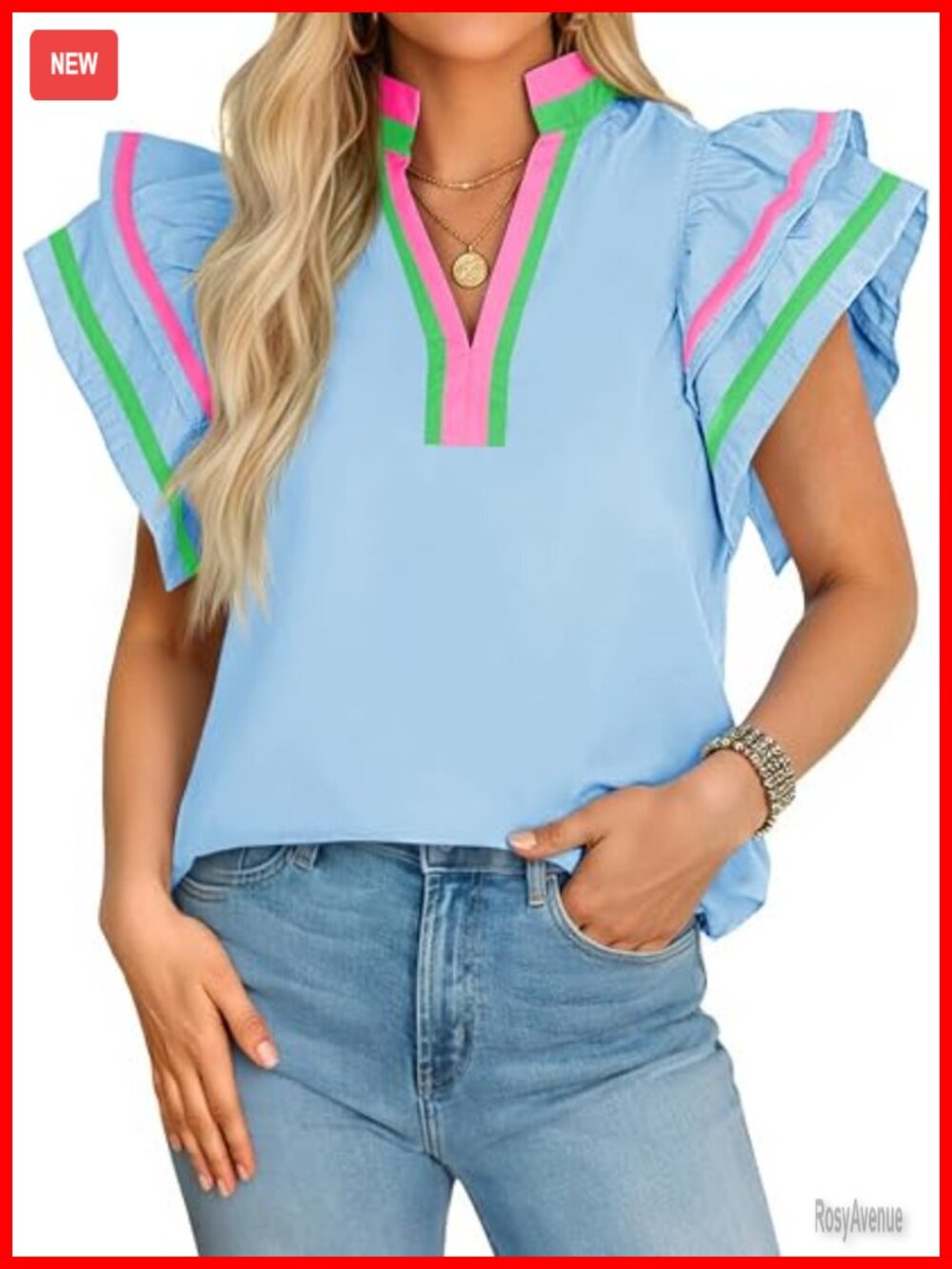 Ruffle Cap Sleeve Color Block V Neck Blouse Summer Pleated Loose Fit Tunic Top - Picture 1 of 6